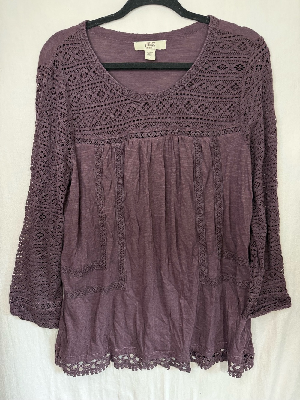 Vintage America Mauve Crochet-Paneled Peasant Tunic Size L
